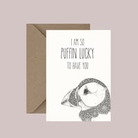 "So Puffin' Lucky" greeting card