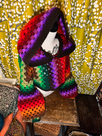 Image 3 of HOCUS POCUS - handmade crochet art - brown red green crop hooded jumper - flared bell sleeve