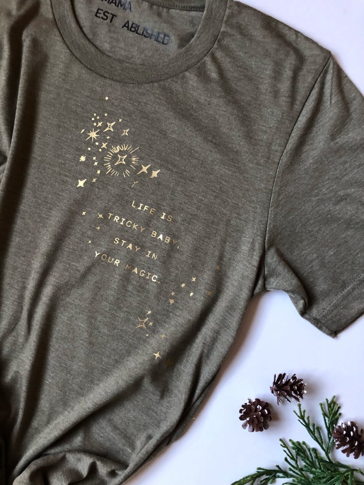 Image of Stay in your magic baby khaki and gold tee