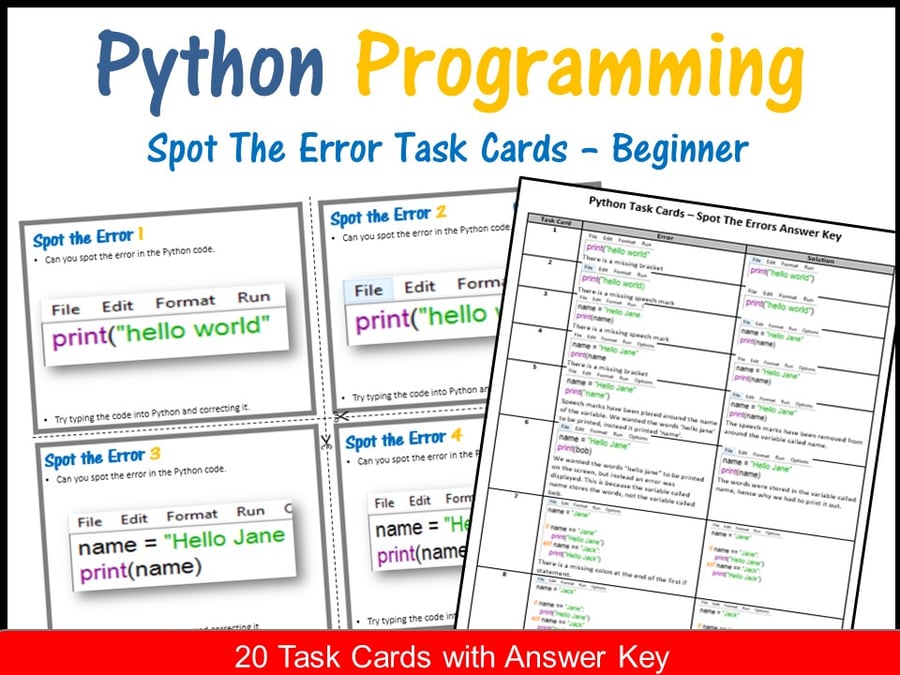 Image of Python Programming - Spot The Error Task Cards (Coding Unplugged Activity)