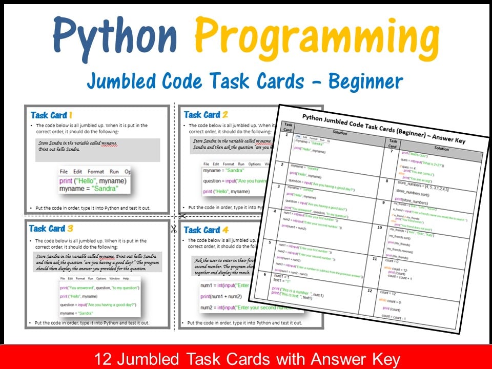 Python Programming–Jumbled Code Task Cards (Beginner) Coding Unplugged ...