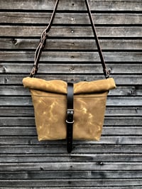 Image 1 of Waxed canvas messenger bag / musette with leather shoulder strap and double waxed padded bottom