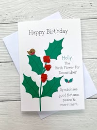Image 1 of Handmade December Christmas Holly Birth Flower Card - Elegant Birthday Card for December Birthdays