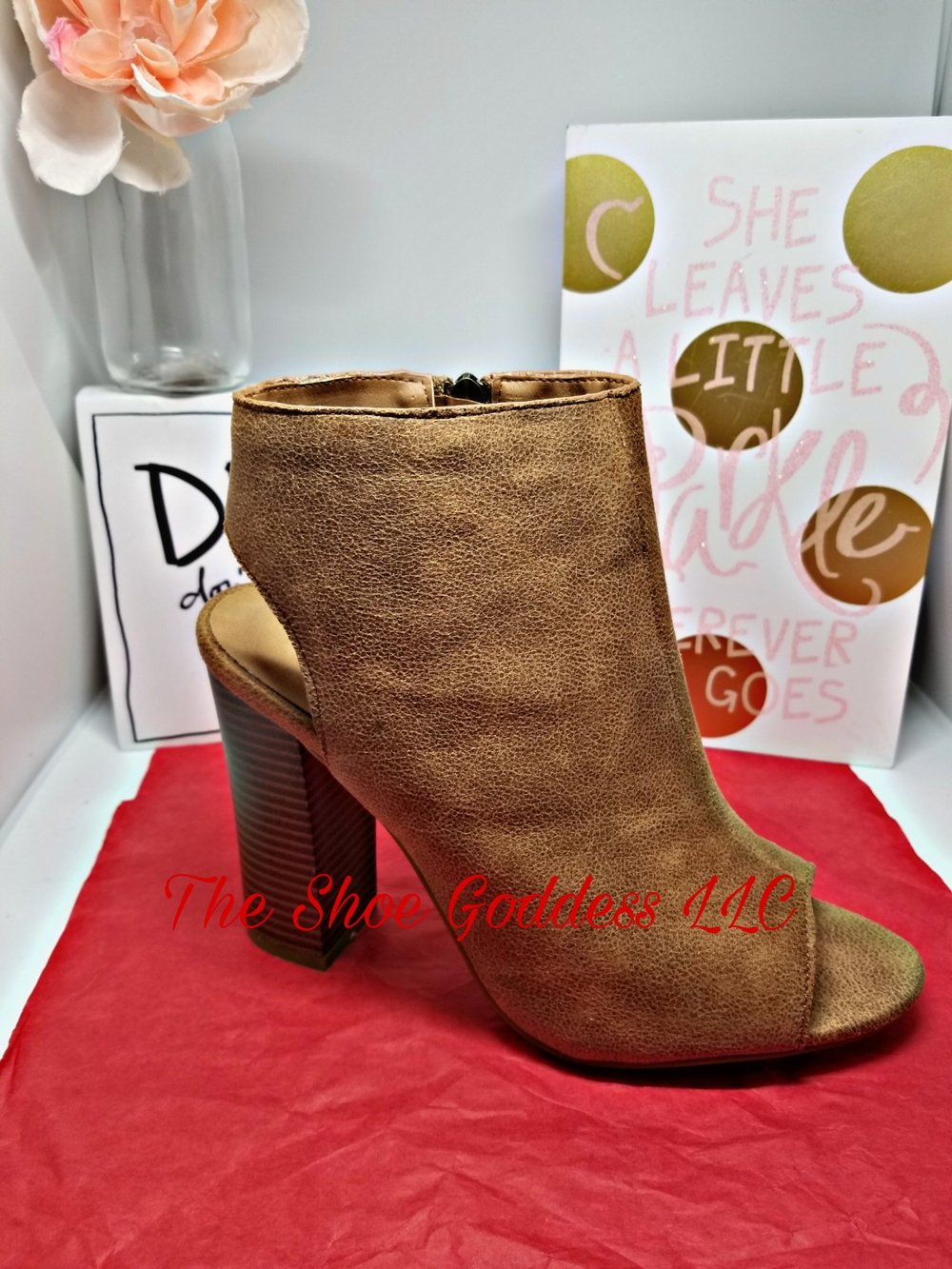 "Toni" Tan open toe chunky heel booties