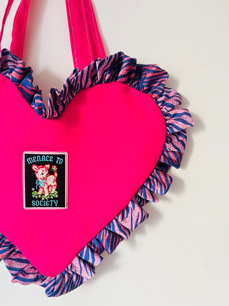 Image of 💖 Hot Pink Heart Bag with Pink & Purple Zebra Ruffle – “Menace to Society” Y2K Tote 💖