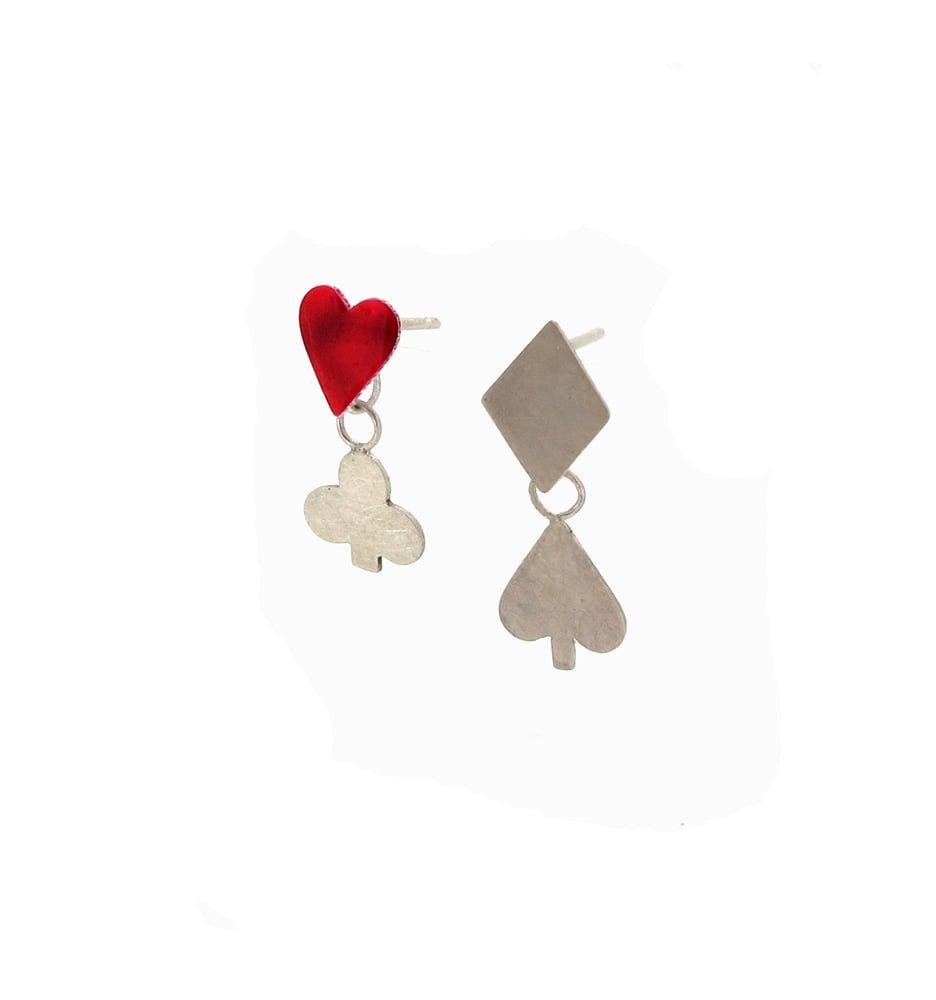 Image of {NEW} Wonderland Playing Card Enamel Heart Suit Earrings