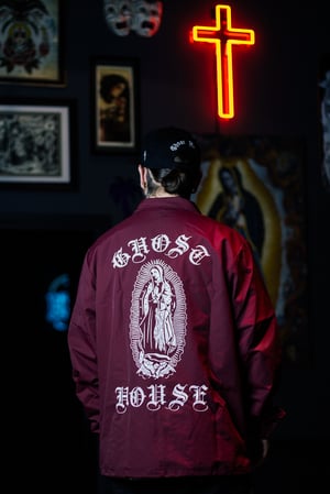 Image of Ghost House Coach Jacket - Maroon with White Print