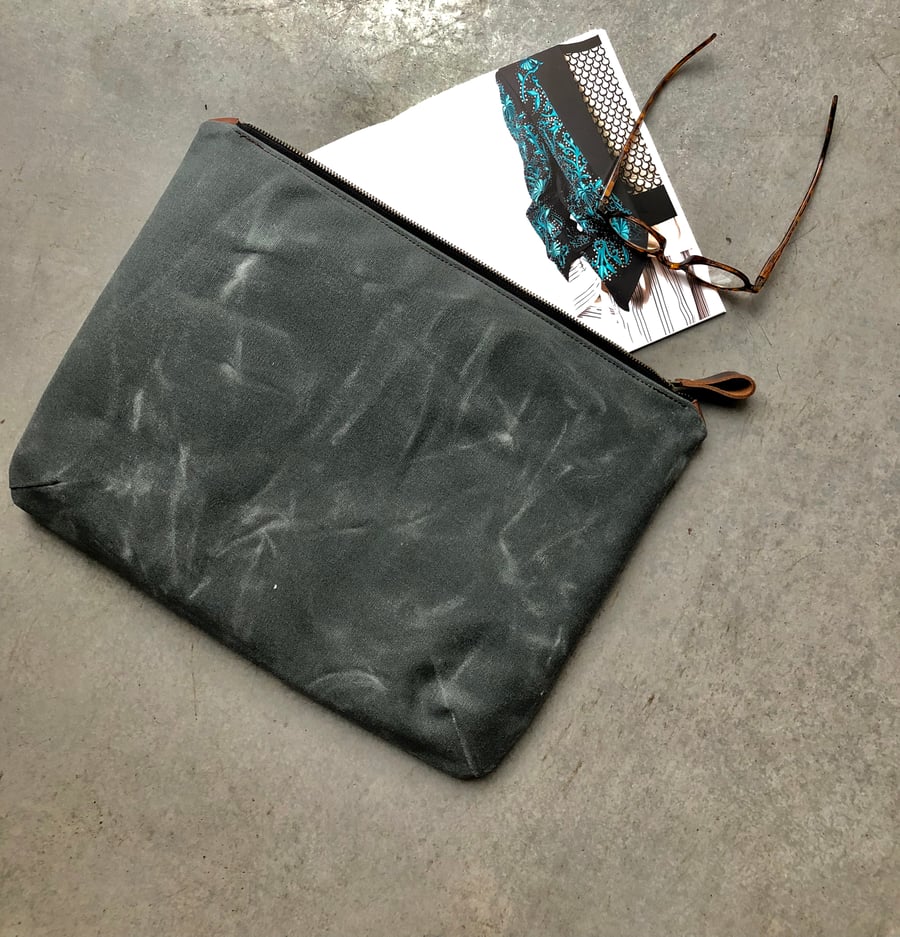 Image of laptop case in waxed canvas