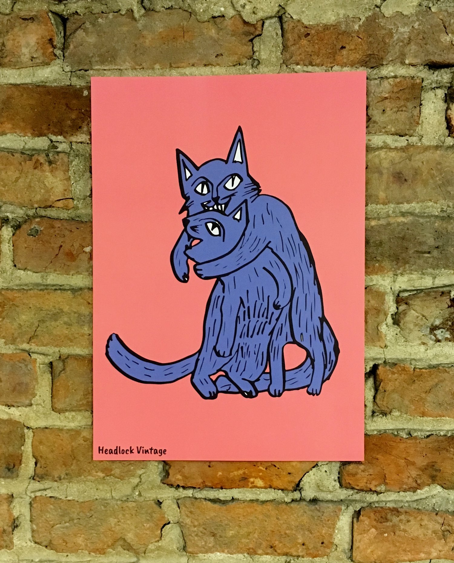 Image of 2 Cats Headlock Illustration A3 Poster