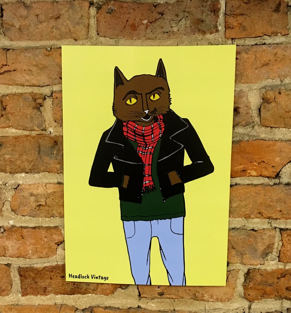 Image of Cat Leather Jacket Illustration A3 Poster