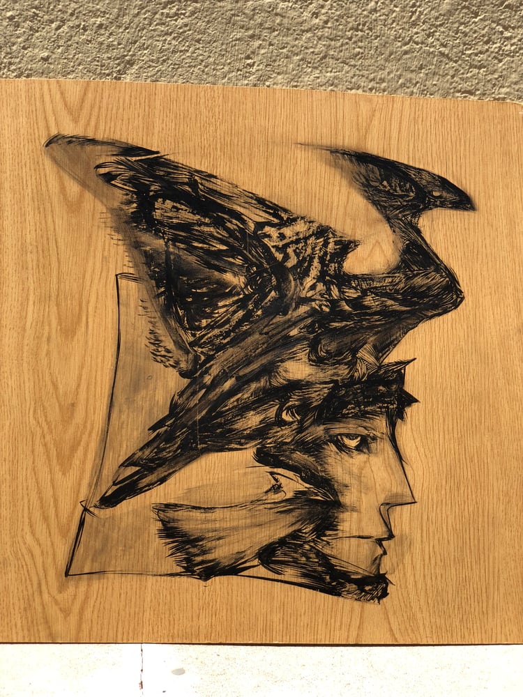 Image of Bird Helmet, 50x50cm wood panel, Black