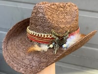 Image 3 of Brown Cowboy Hat Layered Band Brass Keys and Feathers