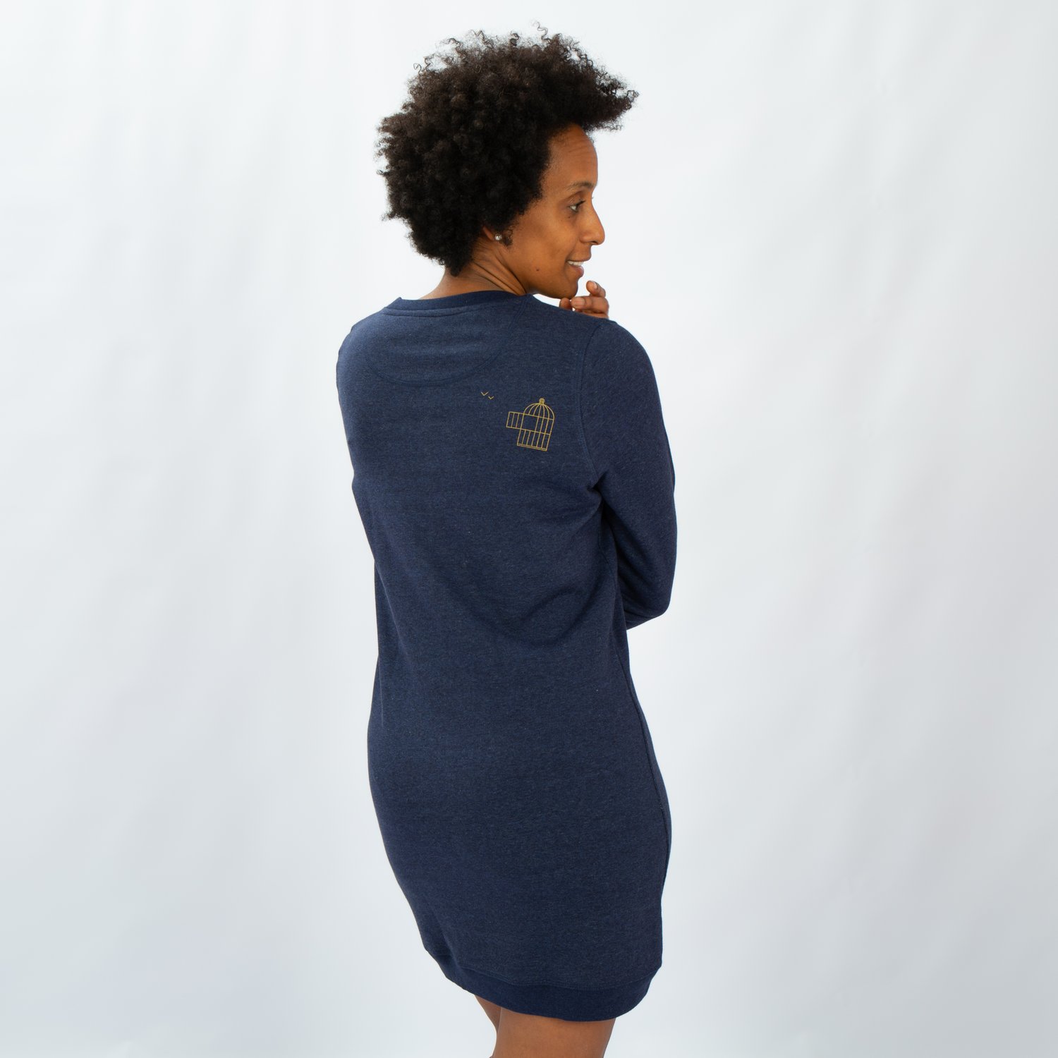 Image of SWEATER DRESS WOMAN long sleeve BIRDCAGE (on the back) blue