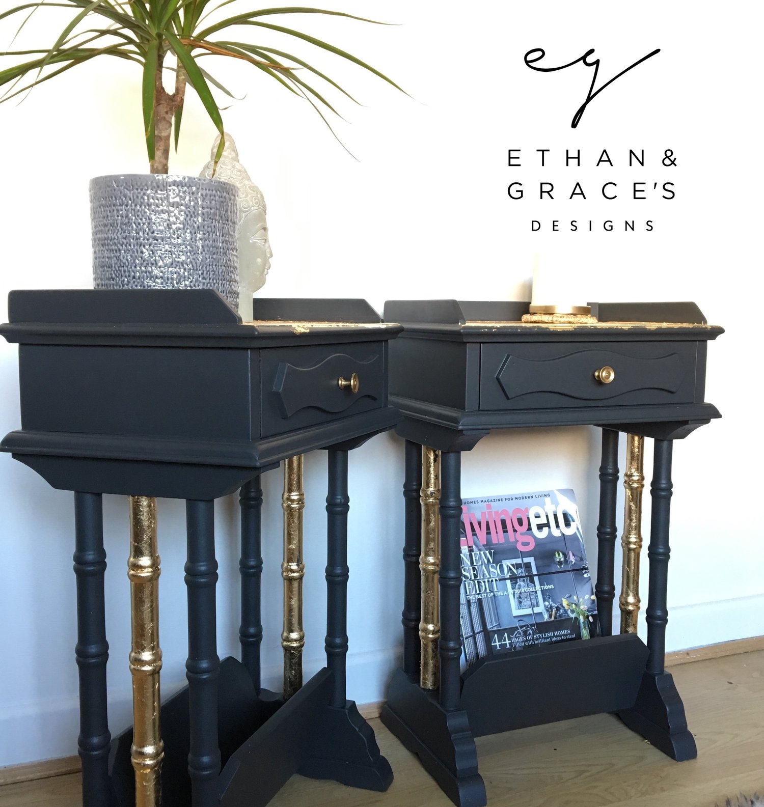 Image of A pair of dark grey & Gold leaf Bedside Tables 