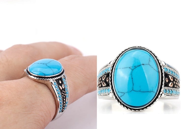 Image of bague en argent pour homme , avec pierre ovale , couleur turquoise