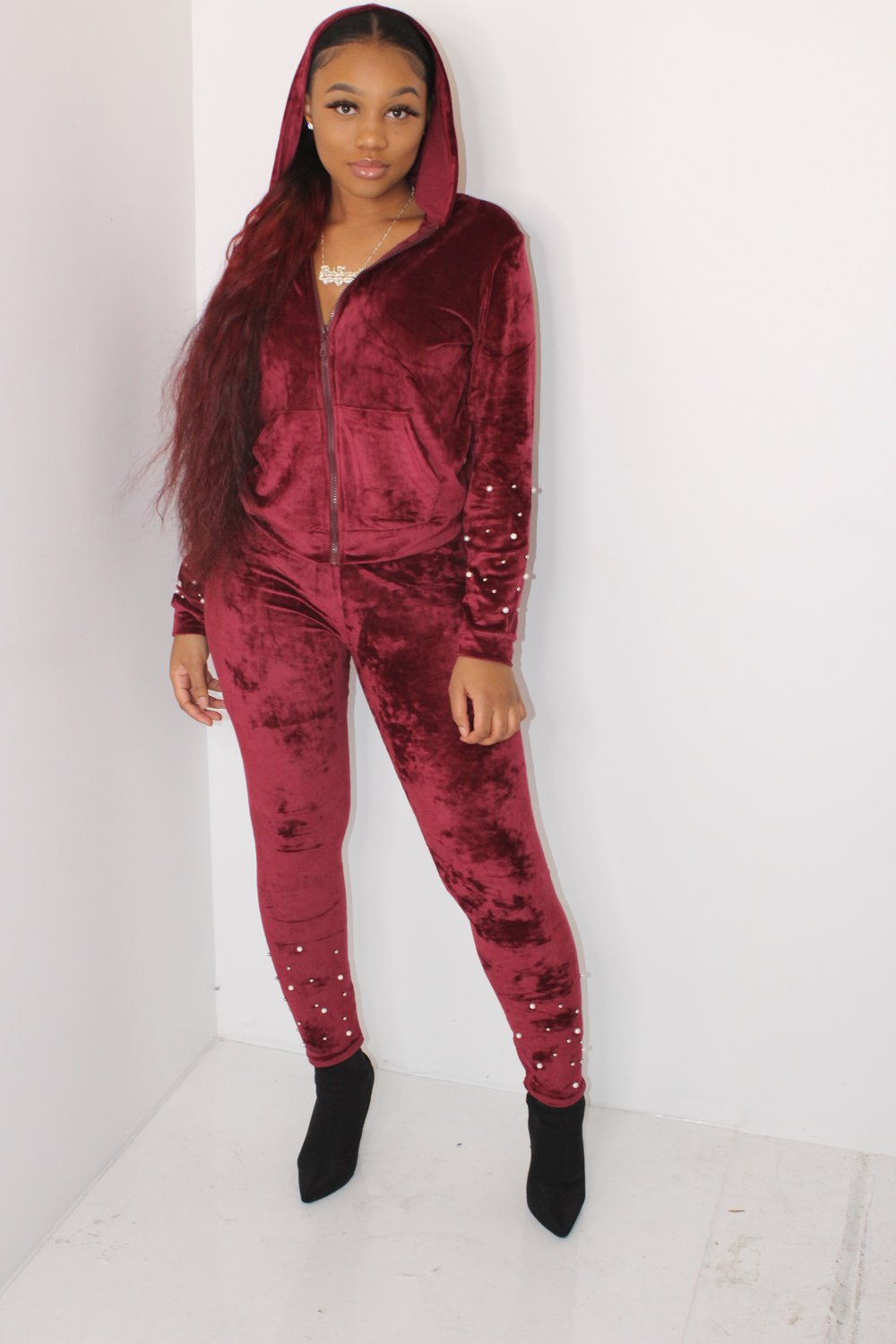 Image of burgundy velvet set