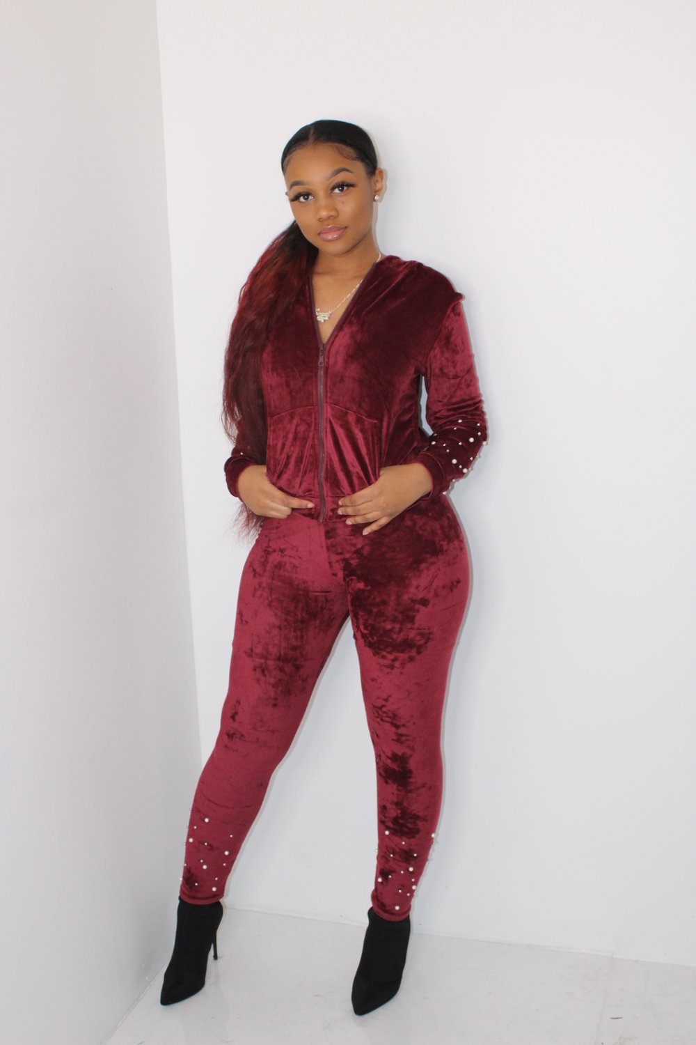 Image of burgundy velvet set