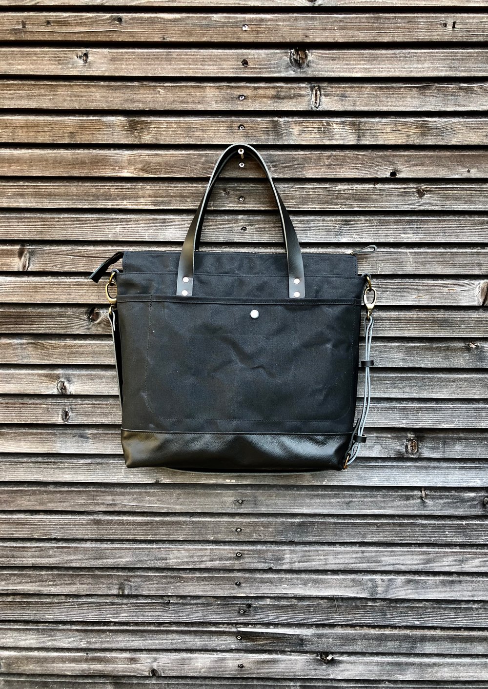 Black waxed canvas tote bag - carry all - di | Treesizeverse
