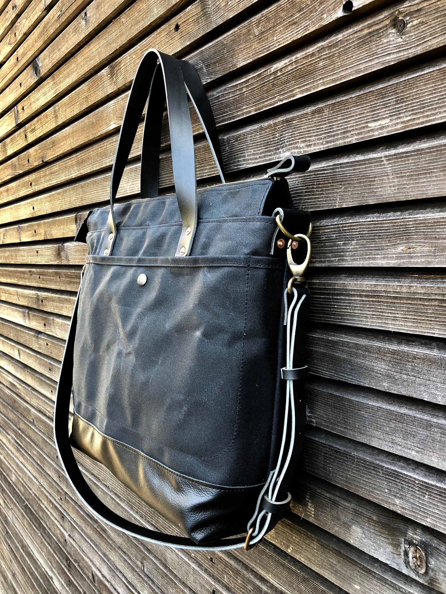 Image of Black waxed canvas tote bag - carry all - di