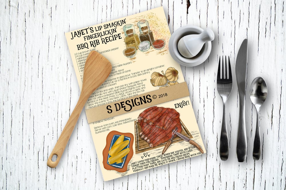 Image of Kitchen Dish Tea Towel Illustrated Hand-drawn Recipe BBQ Ribs