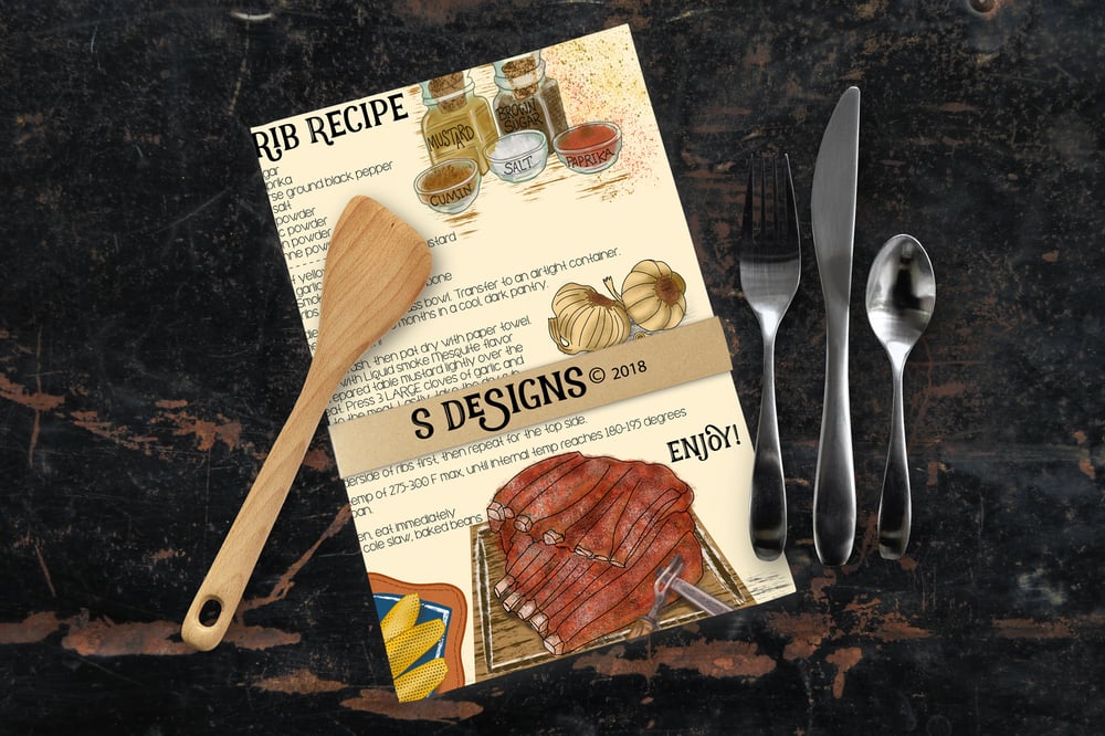 Image of Kitchen Dish Tea Towel Illustrated Hand-drawn Recipe BBQ Ribs