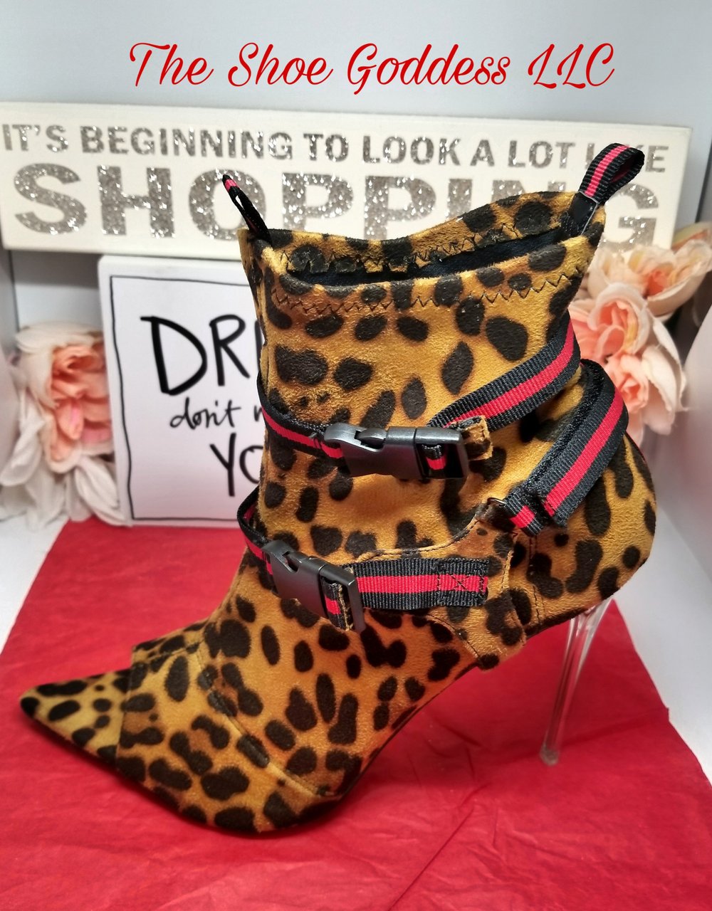 "KOKO" Leopard buckled strap peep toe booties