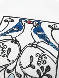 Image 3 of BLUE JAYS: HAND-PRINTED 8X10 INCH LINOCUT