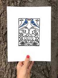 Image 1 of BLUE JAYS: HAND-PRINTED 8X10 INCH LINOCUT