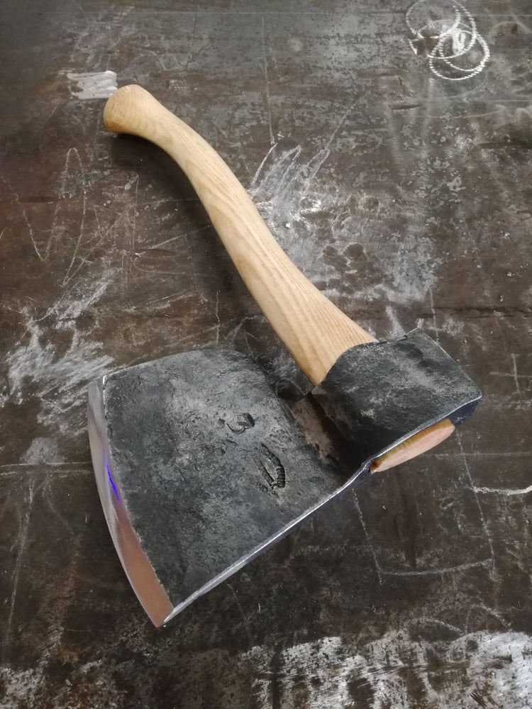 Image of 3lbs English "Coach Makers" side axe, with hand carved ash haft 