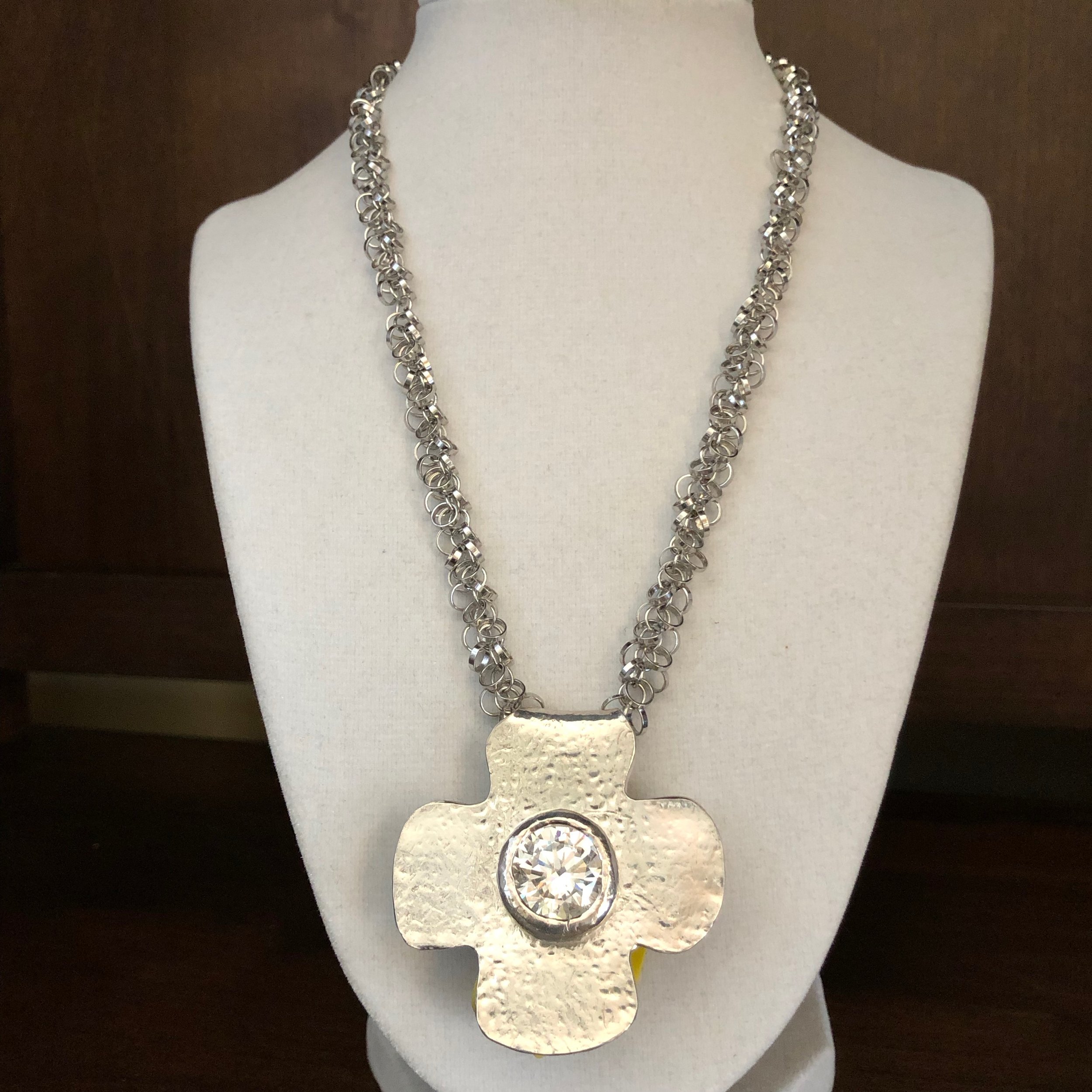 Hammered cross pendant necklace with bezel set crystal | melindakdesigns