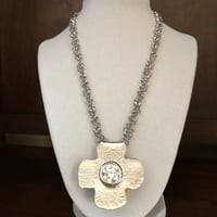 Image 2 of Hammered cross pendant necklace with bezel set crystal