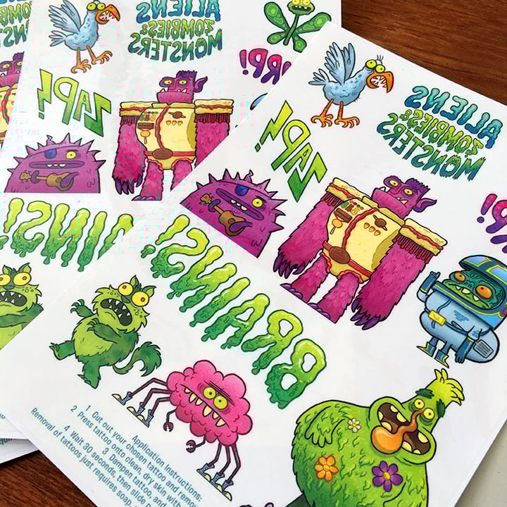 Image of Aliens, Zombies & Monsters Temporary Tattoo Sheet