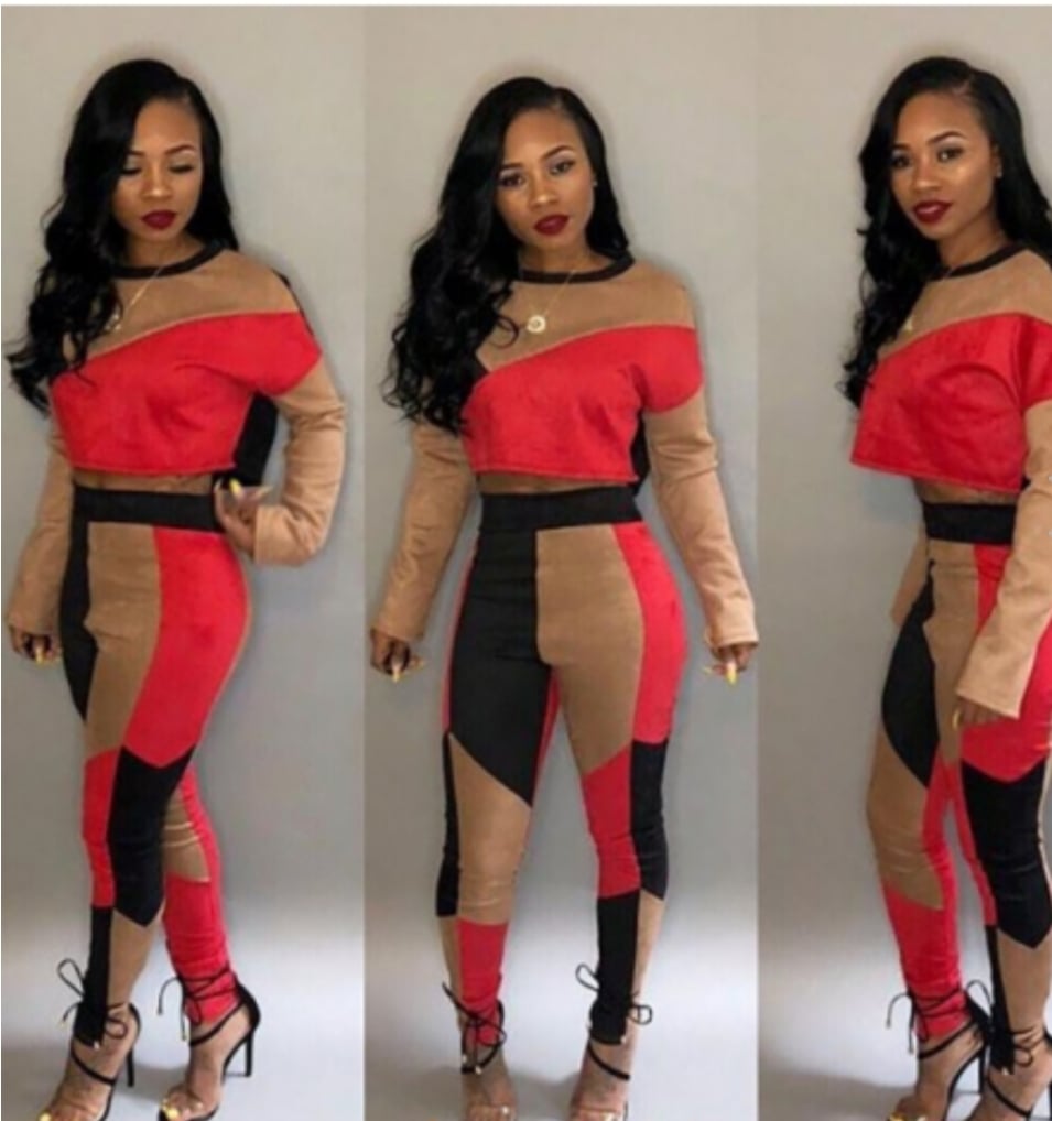 Image of Red Patchwork 2PC Crop Top and Pant Set