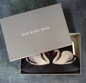 Image of White swans, silk clutch bag with optional chain handle