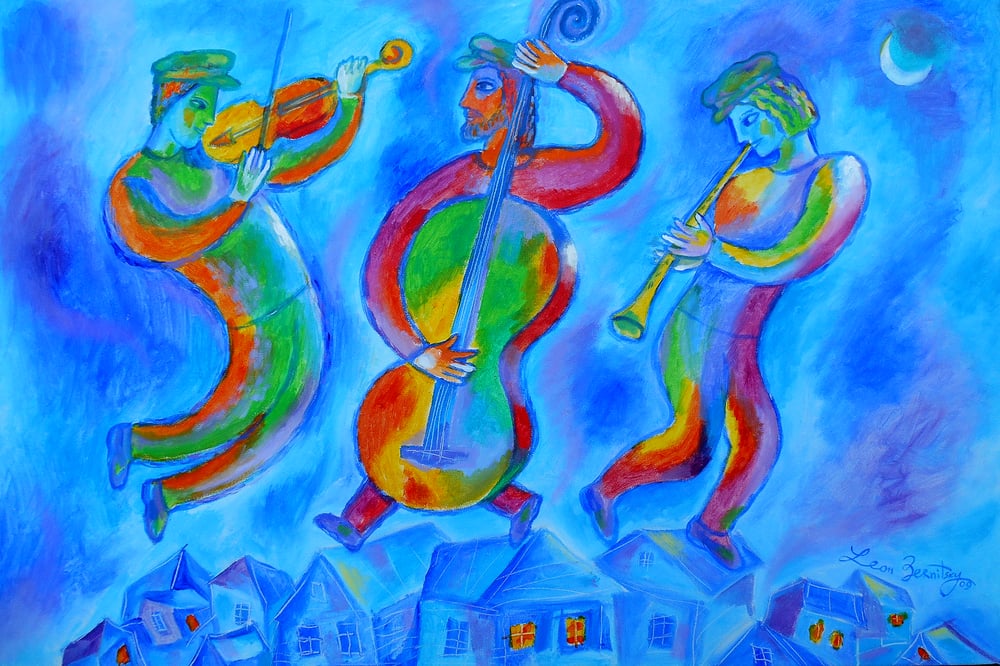 Image of Jewish Klezmer on the roof Music Jewish Judaical Original Painting. Free Shipping to US and Canada
