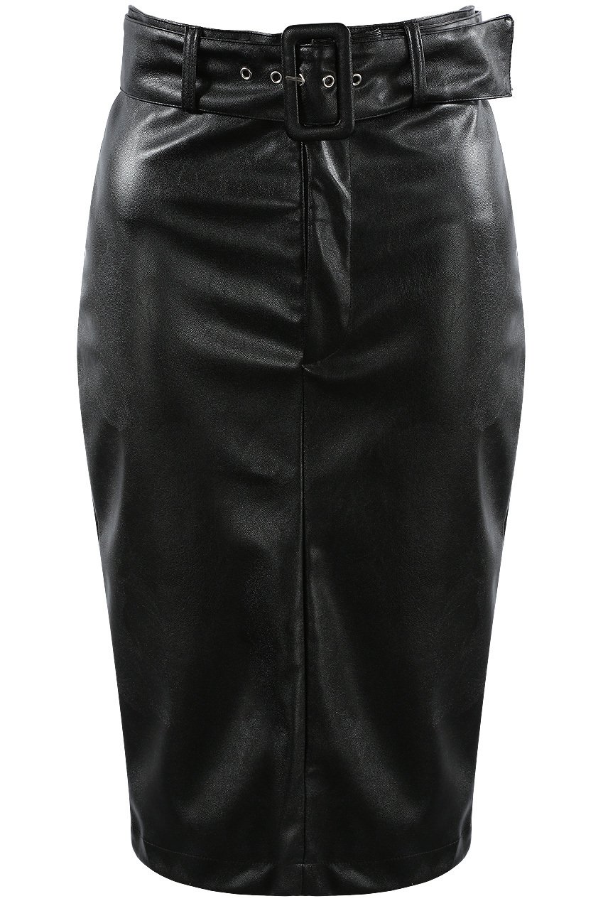 Black Faux Leather Belted Pencil Skirt | Lala Forever