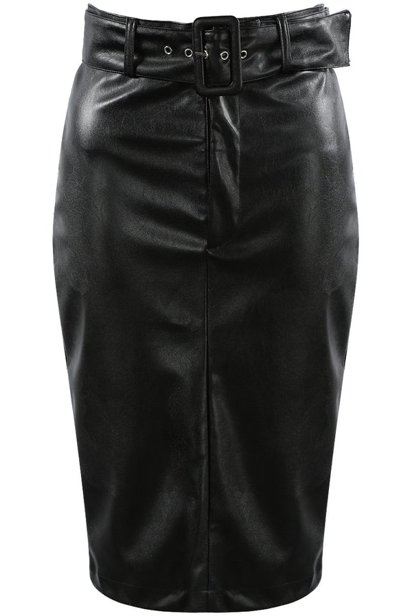 Image of Black Faux Leather Belted Pencil Skirt