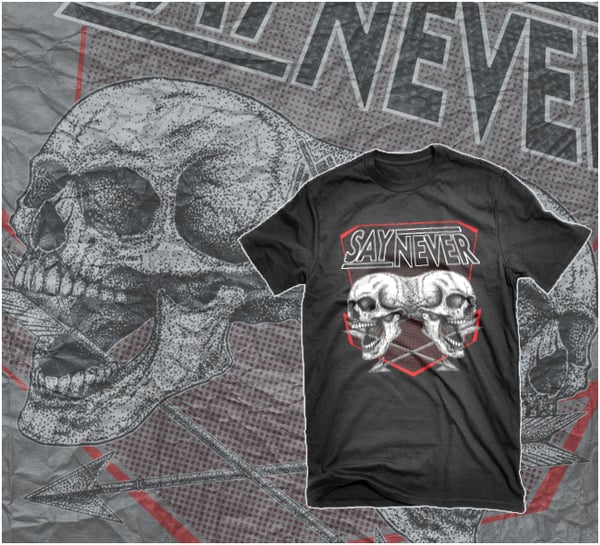Image of ADULT SAY NEVER "DOUBLE SKULL" T-SHIRT   S,M,L,XL,2XL,3XL