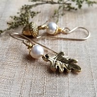 Image 1 of Autumn Treasure - Pearl Acorn and Oak Leaf Earrings (Gold)
