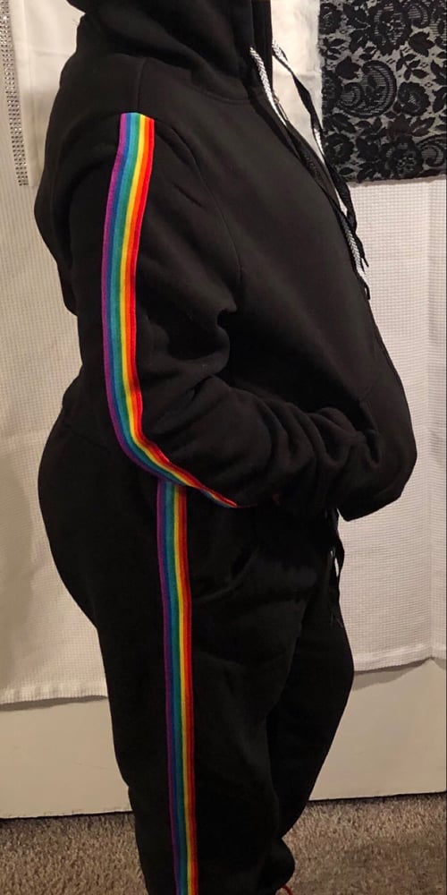 Image of Hooded Rainbow Stripe Sweat Suit 