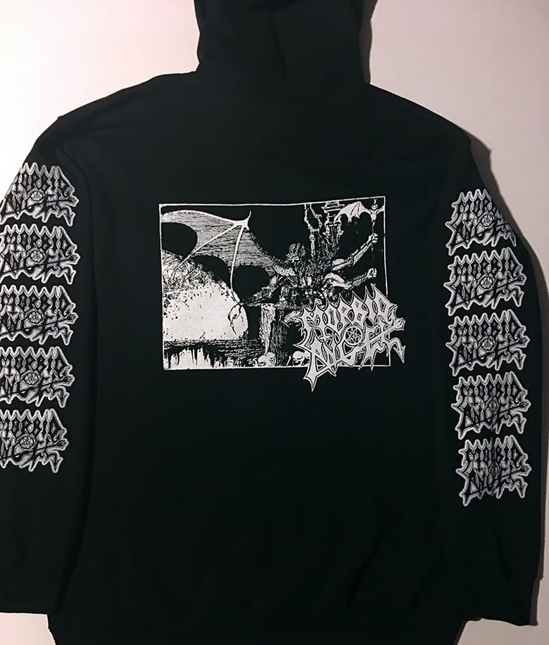 Image of Morbid Angel " Abomination " Zip Up Hooded Sweatshirt with logo sleeve prints -  Last Ones !!