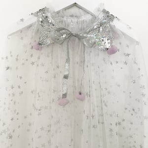 Image of Magic cape - white with silver sequins and lavender poms