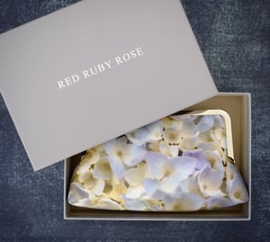 Image of Pastel hydrangea, printed silk clutch bag with optional chain handle