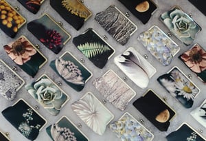 Image of Pastel hydrangea, printed silk clutch bag with optional chain handle