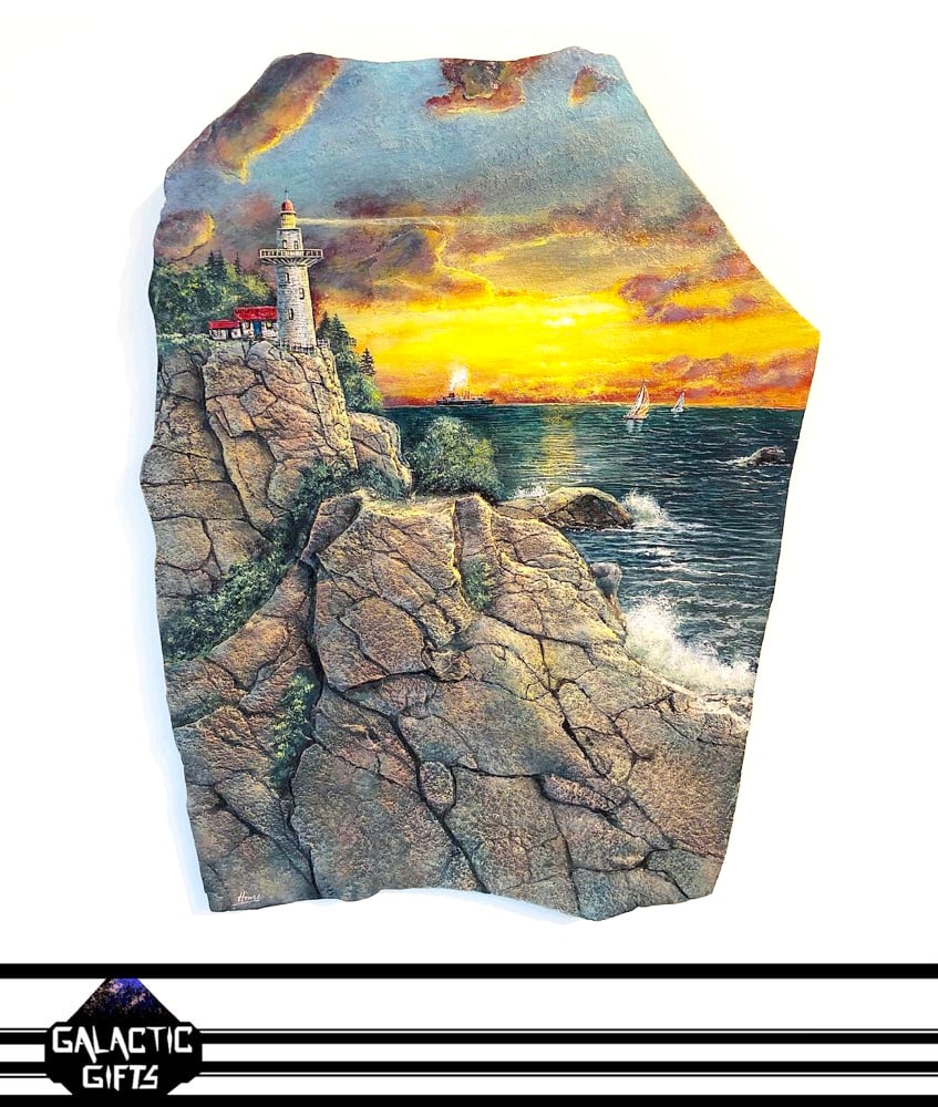 Image of Henry Lobo "Light House Cove" Shale Rock Slab Painting 