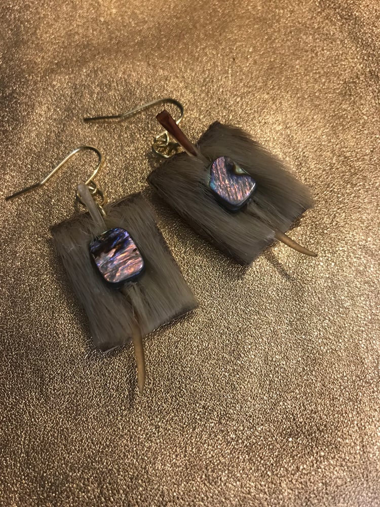 Image of Walrus Whisker, Sealskin and Abalone Earrings (2")