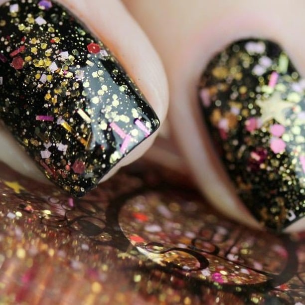 Image of ~Sleighbells Ring~ is a glitter top coat w/yellow, gold, magenta and pink glitters featuring lots of