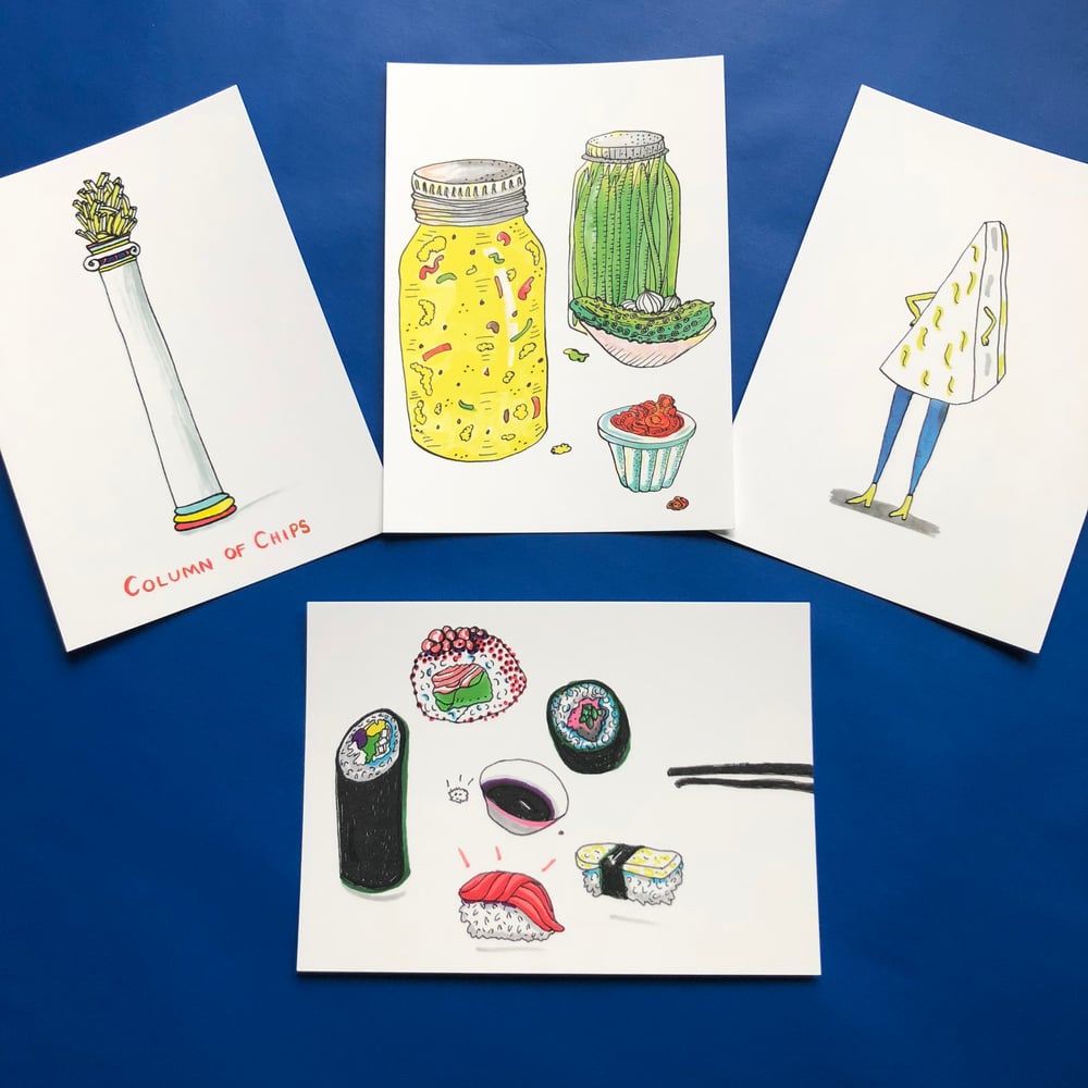 Image of Postcards Chips Cheese Sushi Pickles