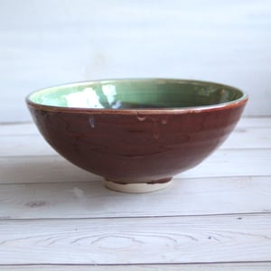 Image of Gorgeous Serving Bowl in Beautiful Green and Crimson Glazes Handmade Stoneware Pottery Made in USA