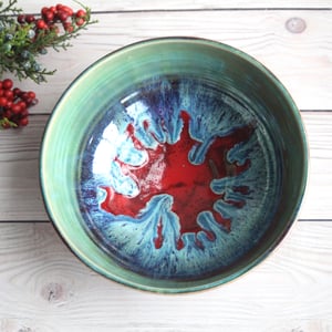 Image of Gorgeous Serving Bowl in Beautiful Green and Crimson Glazes Handmade Stoneware Pottery Made in USA